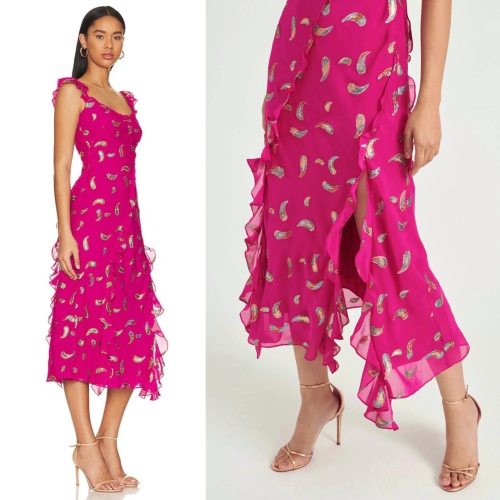 SALONI Silk Metallic Paisley Embroidery Scoop Neck Ruffle Wedding Guest Dress 10 - Picture 2 of 8